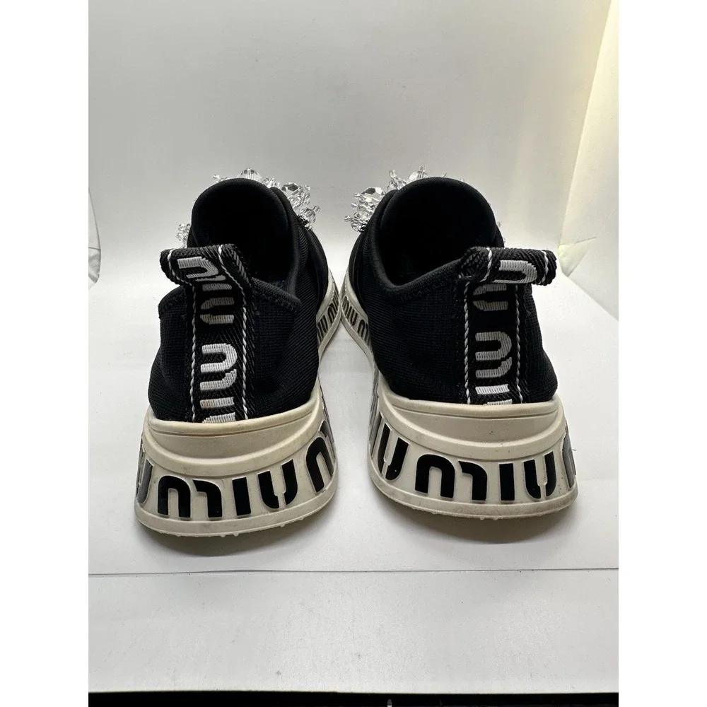 Miu Miu Black Fabric and‎ Satin Crystal Embellished Slip On Sneakers Size 40